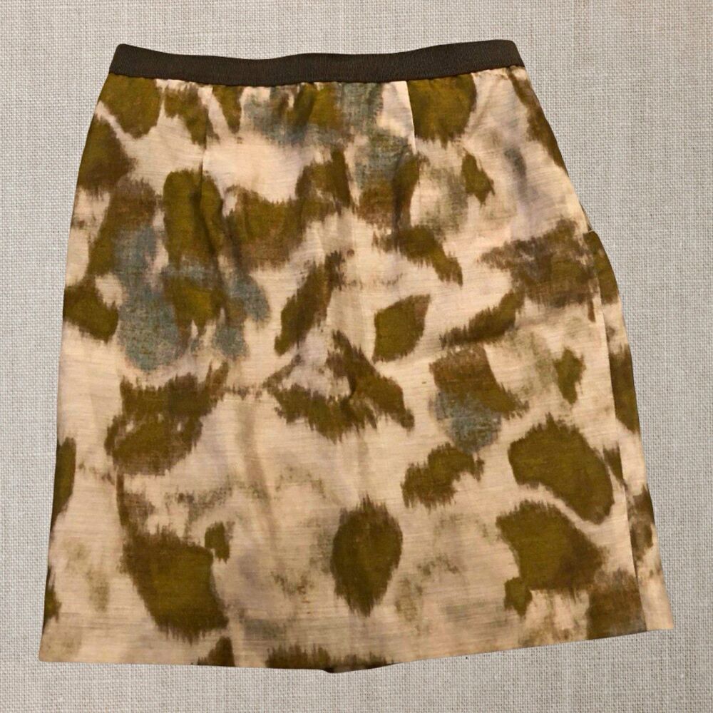 LOFT Petites Skirt 0P Beige Green Abstract Twill Pencil Knee Lined Zip